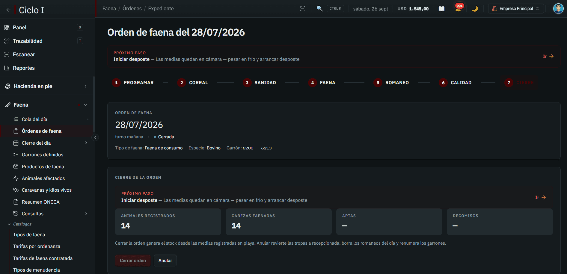 Expediente de una orden de faena en Sycoft, con los siete pasos del circuito y el cierre de la orden