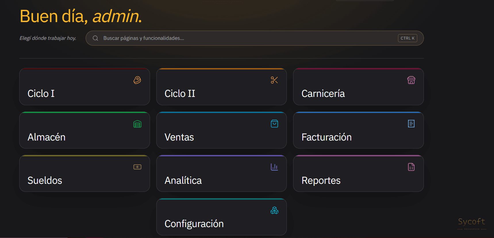 Pantalla de inicio de Sycoft con los módulos Ciclo I, Ciclo II, carnicería, almacén, ventas, facturación, sueldos y analítica